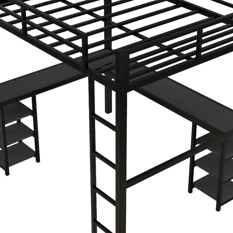 Full Size Metal Loft Bed with L-Shaped Workstation, Built-In Shelves and Guardrails