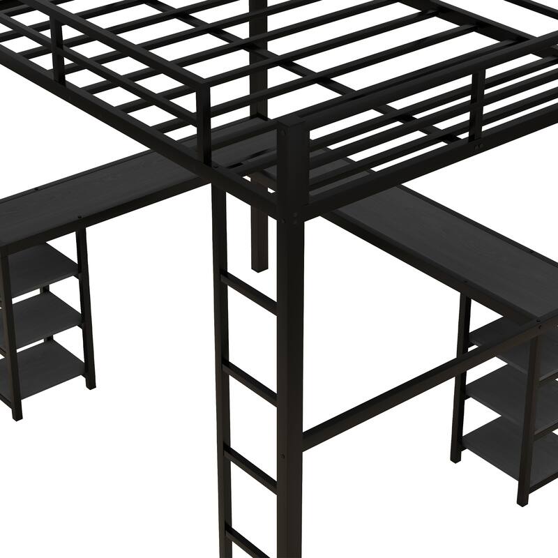 Roomfitters Metal Twin/Full Loft Bed with Desk & Shelves, Space-Saving Study Bed Frame with Ladder & Guardrails, Black