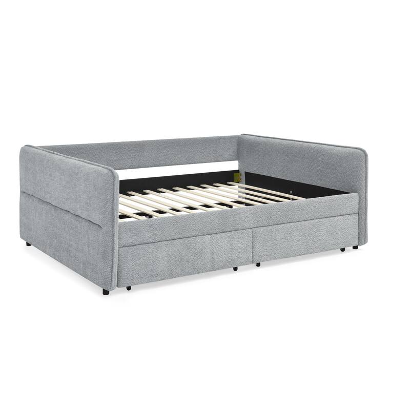 Roomfitters Queen Boucle Daybed with Trundle, Two Storage Drawers and Upholstered Sofa Bed Frame