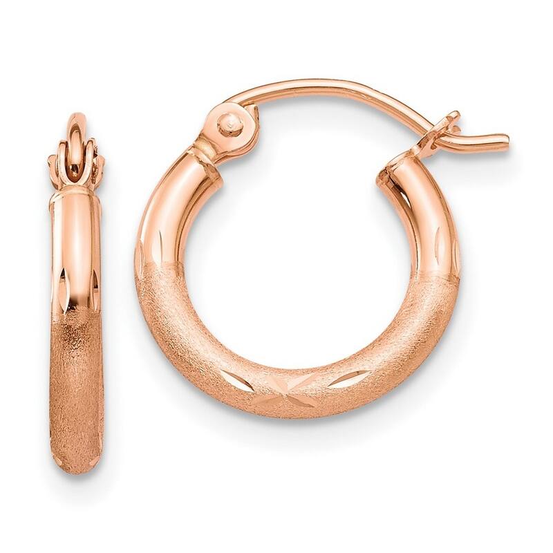 Curata 14k Rose Gold Light Weight 2x12mm Satin Sparkle-Cut Hoop Earrings