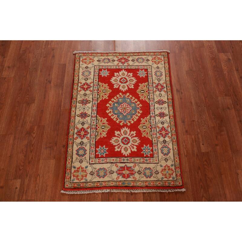 Red Kazak Oriental Foyer Rug Geometric Handmade Wool Carpet - 2'0"x 3'0"