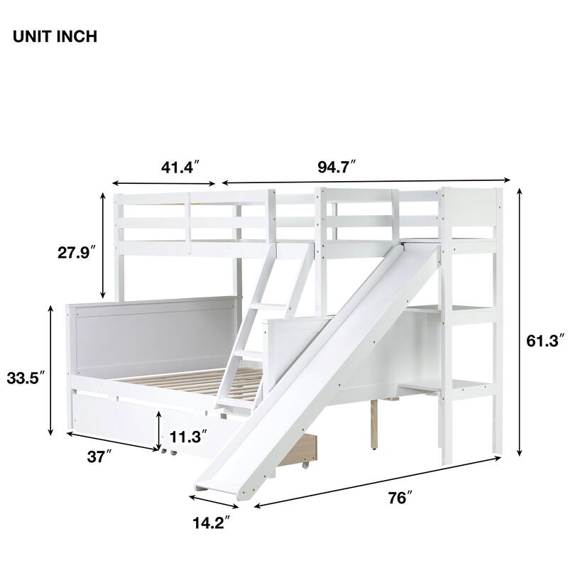 Twin Over Full Rubber Wood Bunk Bed with Slide, 2 Drawers, Shelves and Ladder, Solid Wood Bunk Bed for Kids