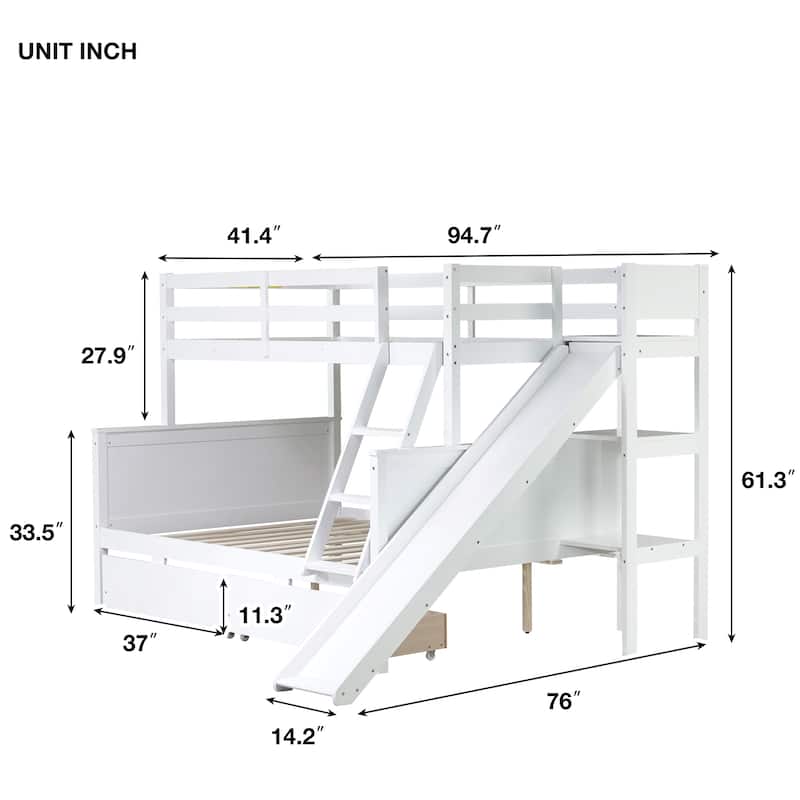 Twin over Full Bunk Bed with 2 Drawers, Slide, Shelves, Ladder, Rubber Wood Bunk Bed with Slide, Drawers