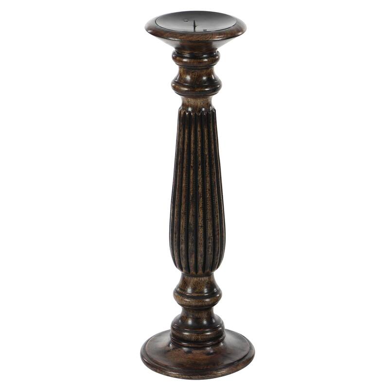 Traditional Mango Distressed Turned Pillar Wood Candle Holder (Set of 3) - Dark Brown, Beige, White