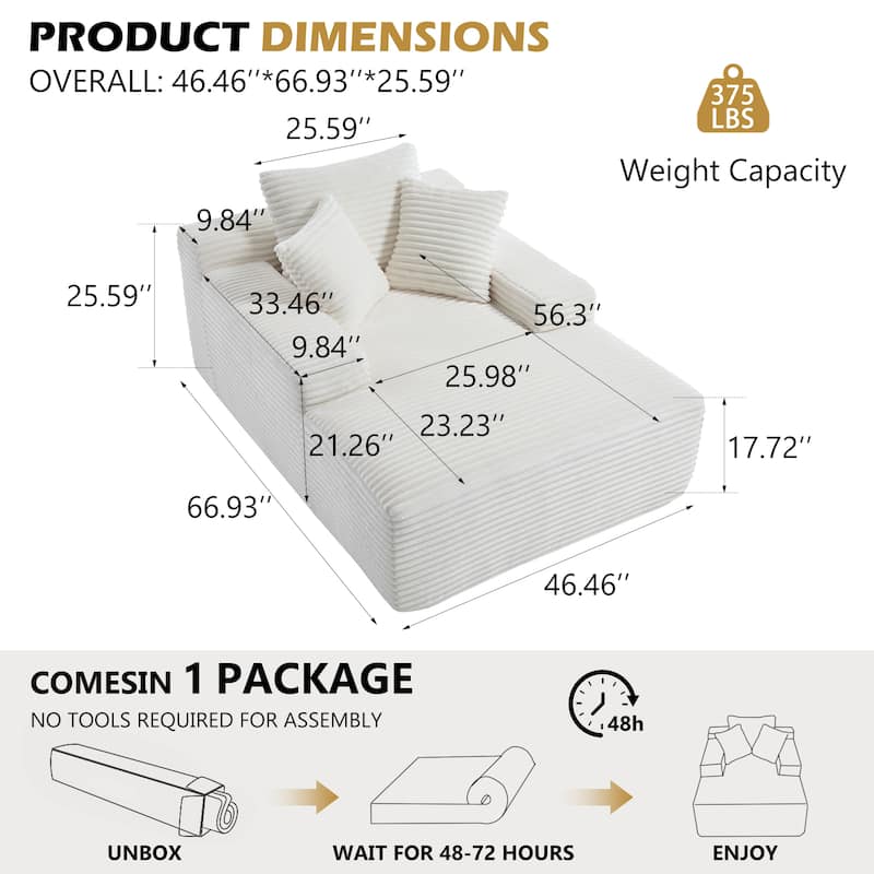 Deep Seat Chaise Lounge Chair, Wide Armrest Sleeper Sofa with Three Soft Pillows, Convertible Boneless Sofa Bed Daybed