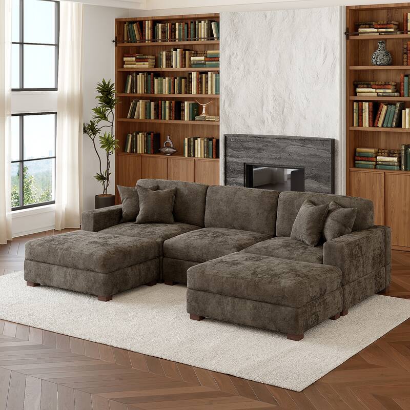 Oversized Chenille Modular Sectional Sofa Conversation Set with 2 Ottomans