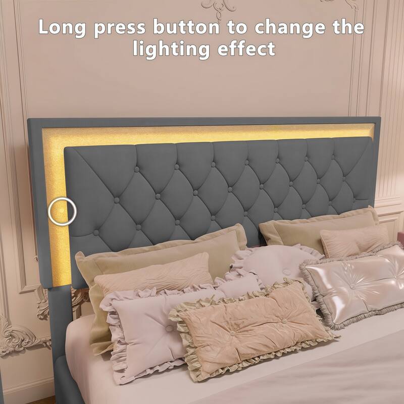 Upholstered Bed Frame with LED Lights,Modern Velvet Platform Bed with Tufted Headboard