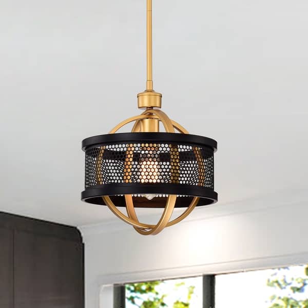 slide 2 of 10, Lorelei Matte Black+Gold 1-Light Metal Drum Shade Pendant Light