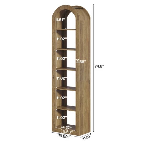 dimension image slide 1 of 2, 6-Tier Wooden Tall Bookshelf, 74.8 Inches Rustic Arched Bookcase