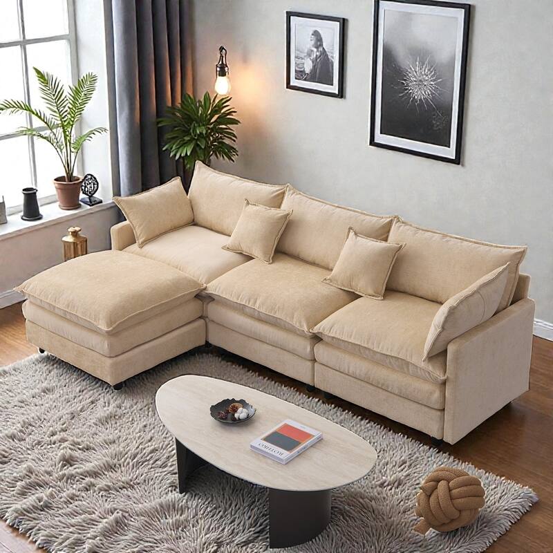 105" L-Shaped Modular Sectional Sofa with Ottoman, Soft Chenille Upholstery, 3-Seater Couch