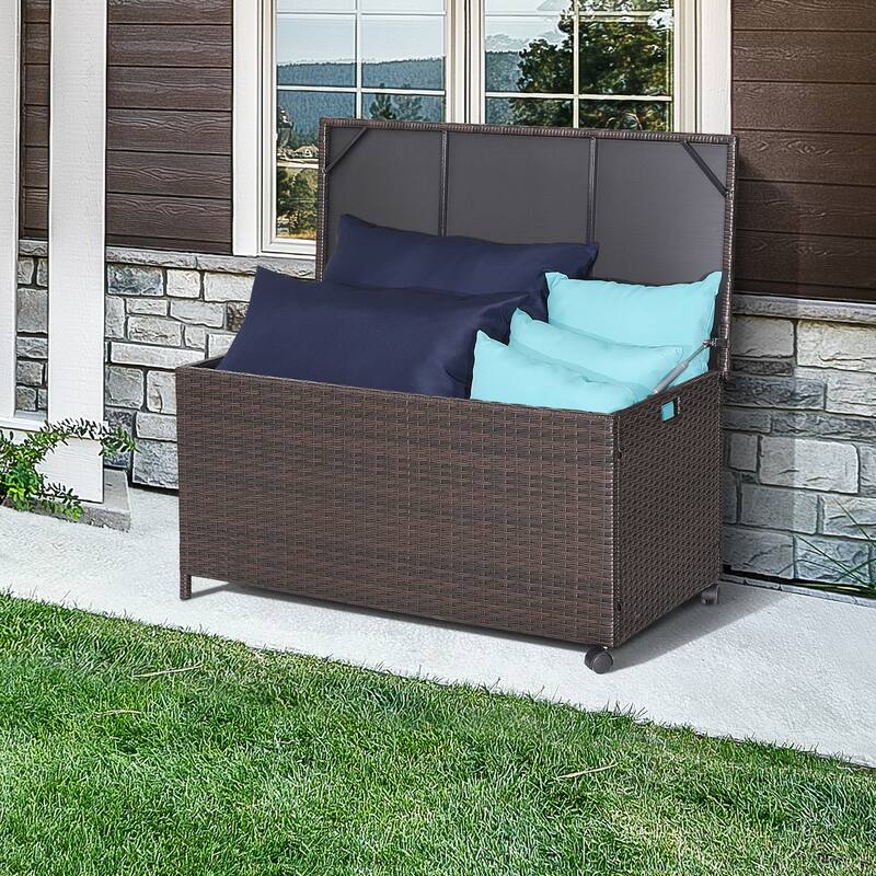 Gymax 50 Gallon Patio PE Wicker Storage Box Rattan Deck Bin w/ - Brown