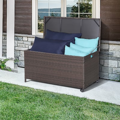 Gymax 50 Gallon Patio PE Wicker Storage Box Rattan Deck Bin w/