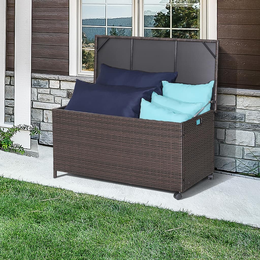 Gymax 50 Gallon Patio PE Wicker Storage Box Rattan Deck Bin w/