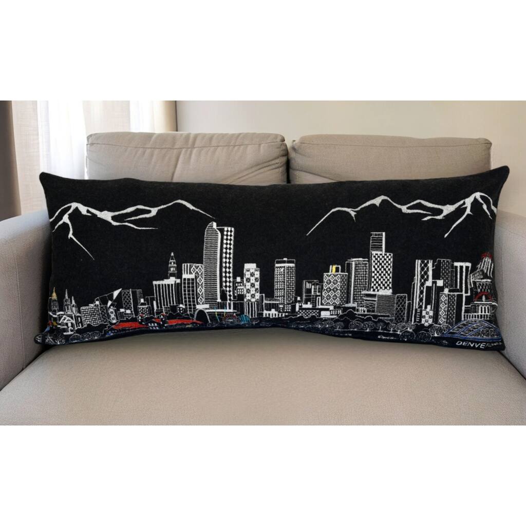 HomeRoots 35" Black Denver Nighttime Skyline Lumbar Decorative Pillow