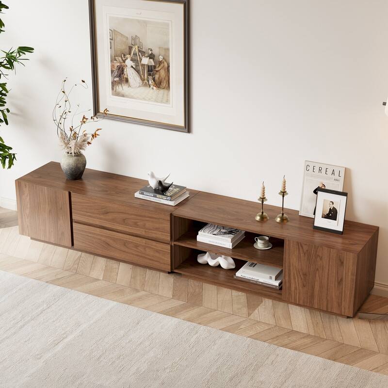 94.7" Modern Mid-Century Brown Wood TV Stand with Storage - Convertible Flat/Stackable Media Console for Living Room