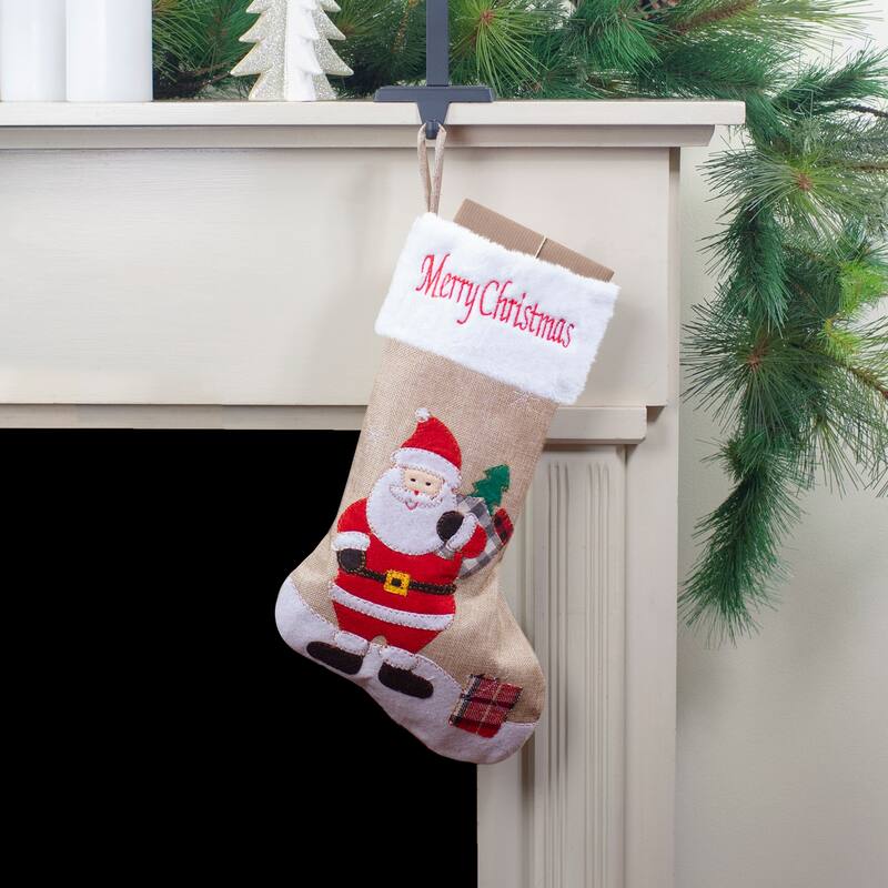 19" Beige and Red Burlap "Merry Christmas" Santa Christmas Stocking