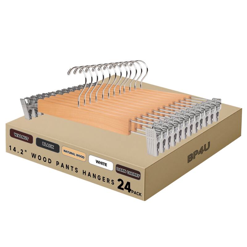 BP4U Premium Wooden Pants Hangers with Adjustable Clips, Solid Wood Skirt Hangers for Jeans, Slacks, Dresses - 24-Pack - Natural Wood