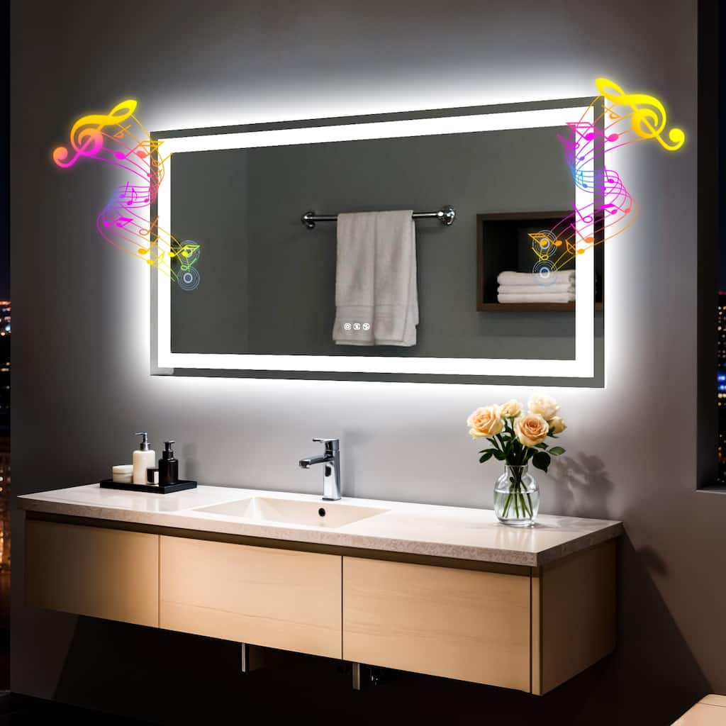Rectangle Illuminated Bluetooth Bathroom Smart Tempered Glass Vanity Mirror with Double NdFeB Speakers