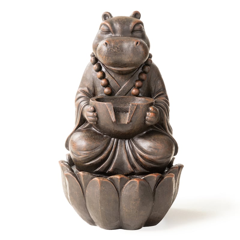 Glitzhome 21.75"H 2-Tiered Lighted Zen Style Frog Elephant Hippo Polyresin Outdoor Fountains