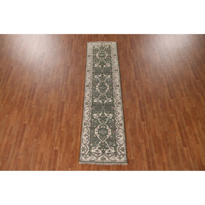 Green Oushak Style Runner Rug Hand-knotted Wool Carpet - 2'7"x 10'0"