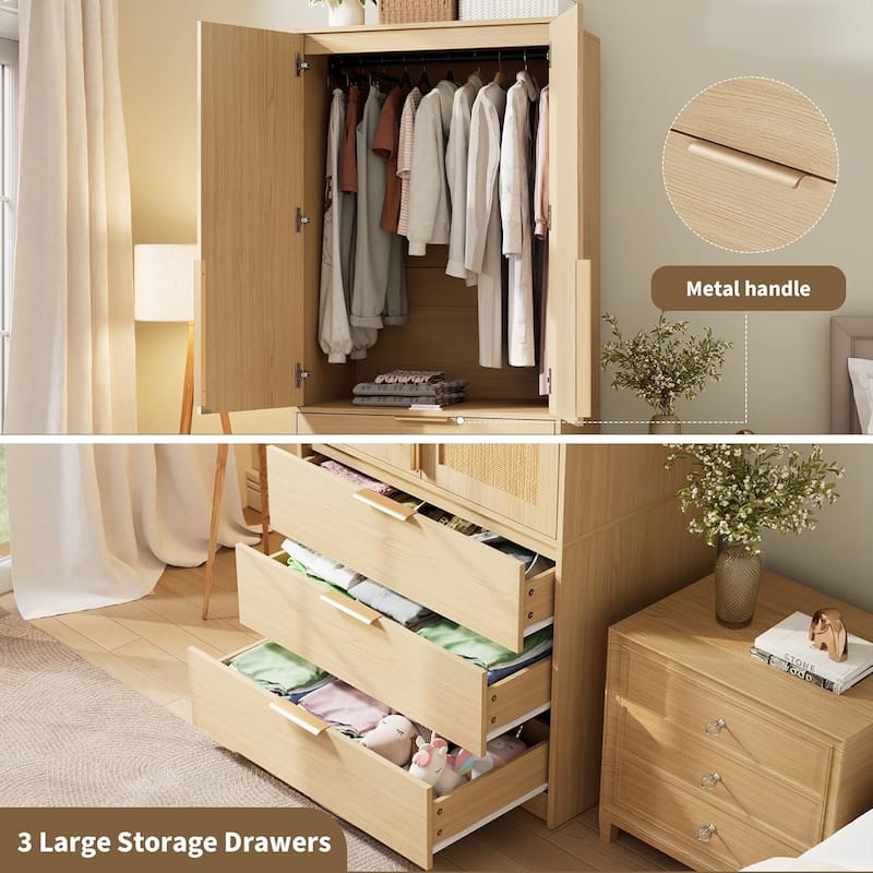 Garvee Rattan Door Armoire Wardrobe Closet, 69.5" Wooden Wardrobe Cabinet with 3 Drawers
