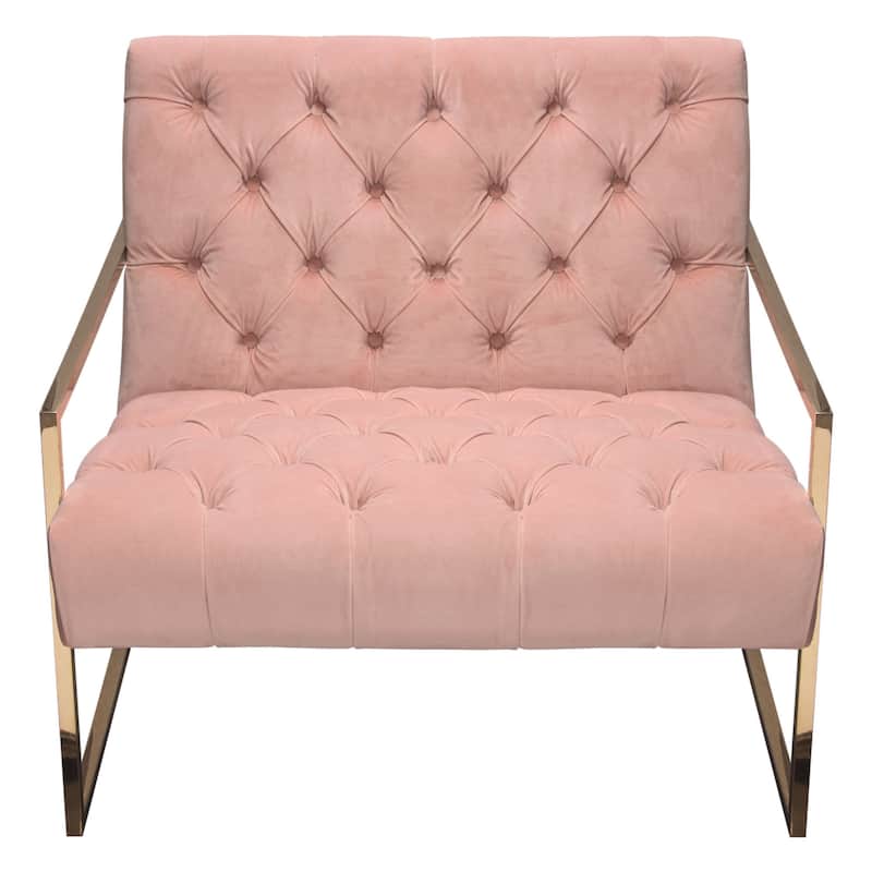 Masy Accent Armchair, Diamond Tufted Blush Pink Velvet, Gold Steel