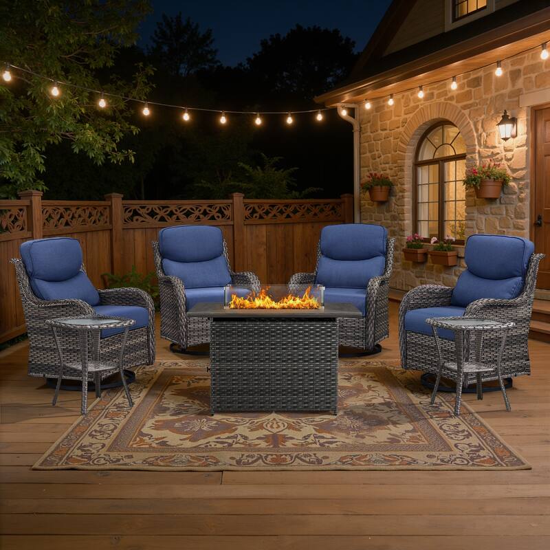 Meyreso 7-Piece Outdoor Patio Wicker Fire Pit 4 person Conversation Set with 5-Inch Thick Cushions - Navy Blue Cushions - Gray Wicker