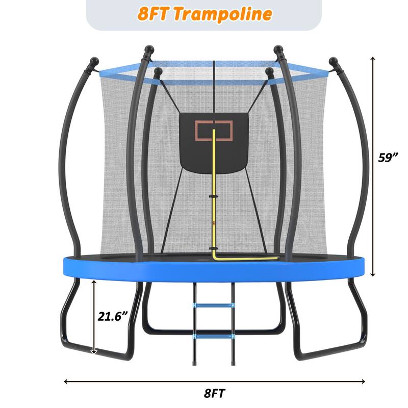 8FT Trampoline with Basketball Hoop, Enclosure net and Ladder, Outdoor Trampoline for Kids, Recreational Backyard Trampoline