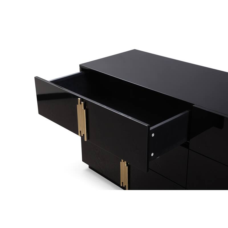 Cid Inji Dresser, 6 Drawers w Vertical Handles, 66 Inch, Glossy Black Wood