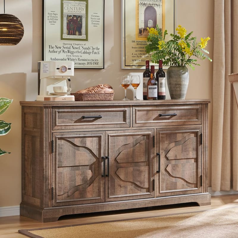 55" Large Buffet Sideboard Cabinet, Buffet Table Coffee Bar Wine Bar - Warm Brown