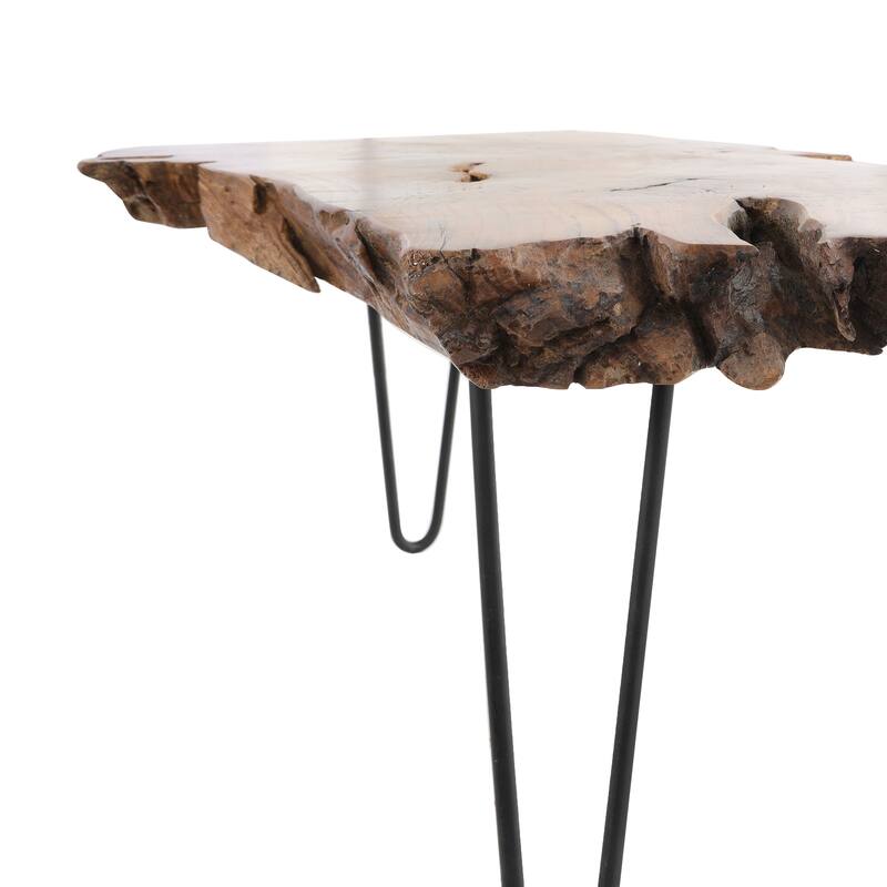 Brown Teak Wood Handmade Live Edge Living Room Coffee Table with Black Metal Hairpin Legs