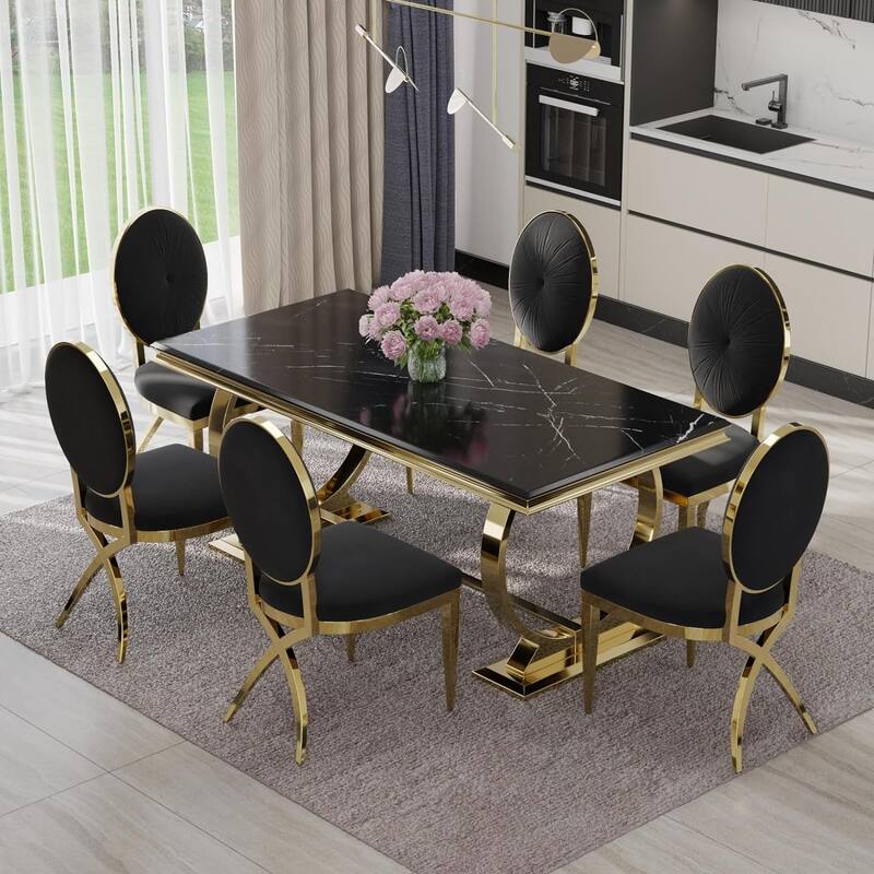 72 inch Rectangle Dining Table with Double Circle Pedestal in Black Gold