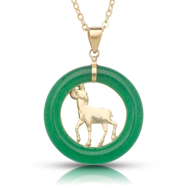 Curata 14k Yellow Gold 16-inch Dyed Green Jade Lucky Ram Circle Pendant Necklace (28mm x 34mm ...