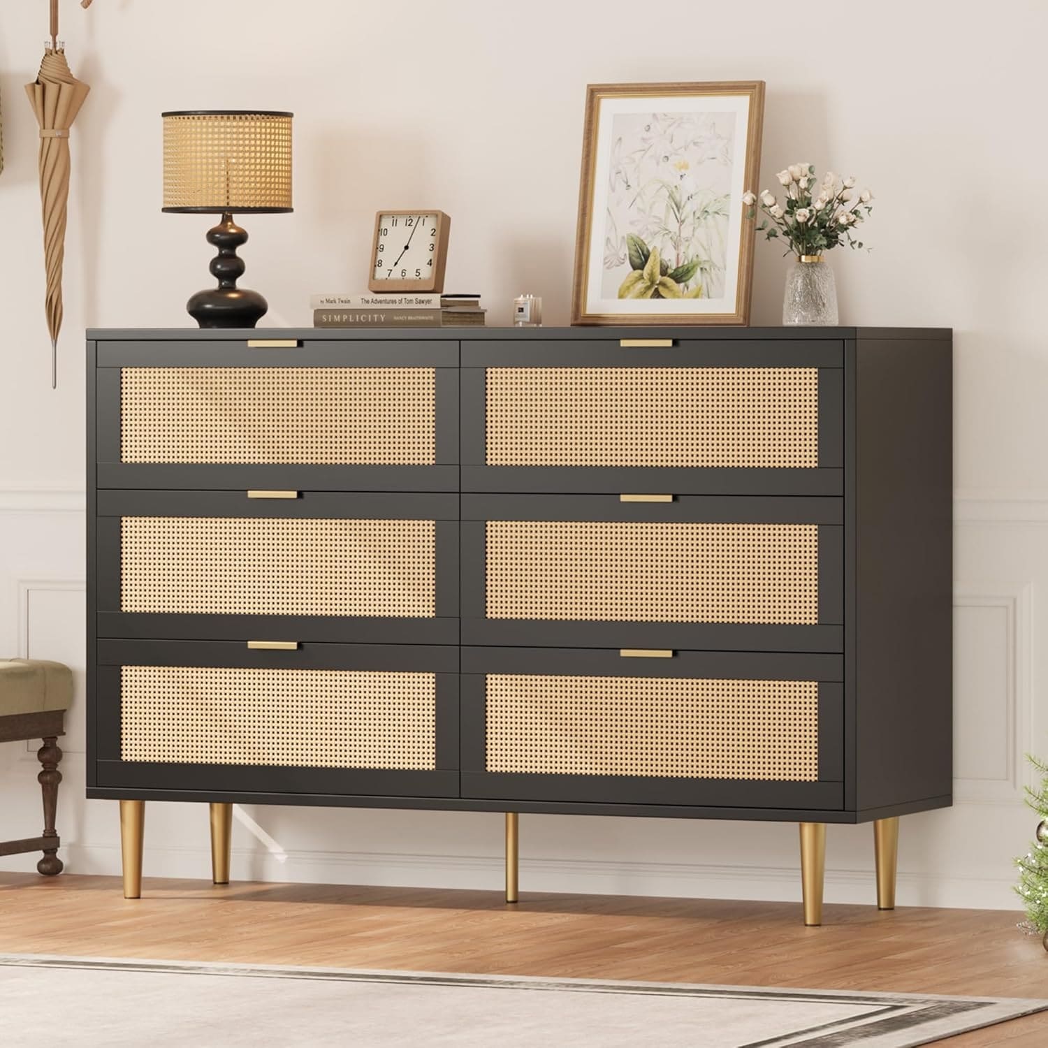 Modern Rattan Drawer Dresser with Gold Legs & Handles, Wide Double with Large Tabletop Anti-Tipping for Living Room