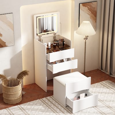 Makeup Vanity Table with Stool and LED Mirror 3-Color Lighting