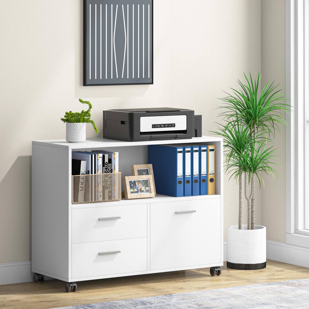 Mobile Lateral File Cabinet with 3-Drawer & Storage Shelf