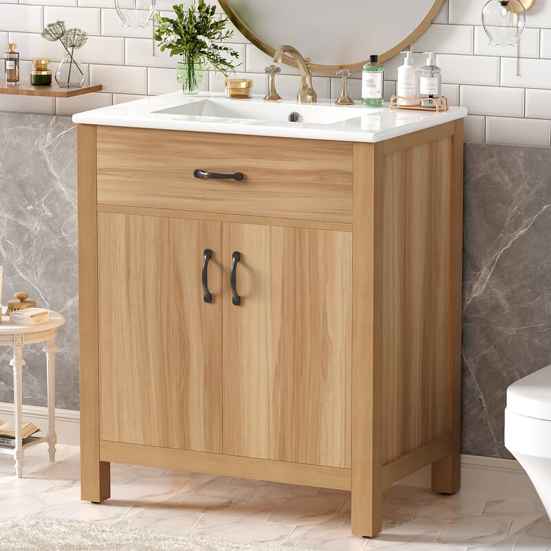 30" Wood Bathroom Vanity with Solid Wood Frame - 2 Soft-Close Doors, 1 Flip Drawer, Adjustable Shelf (Sink Not Included)