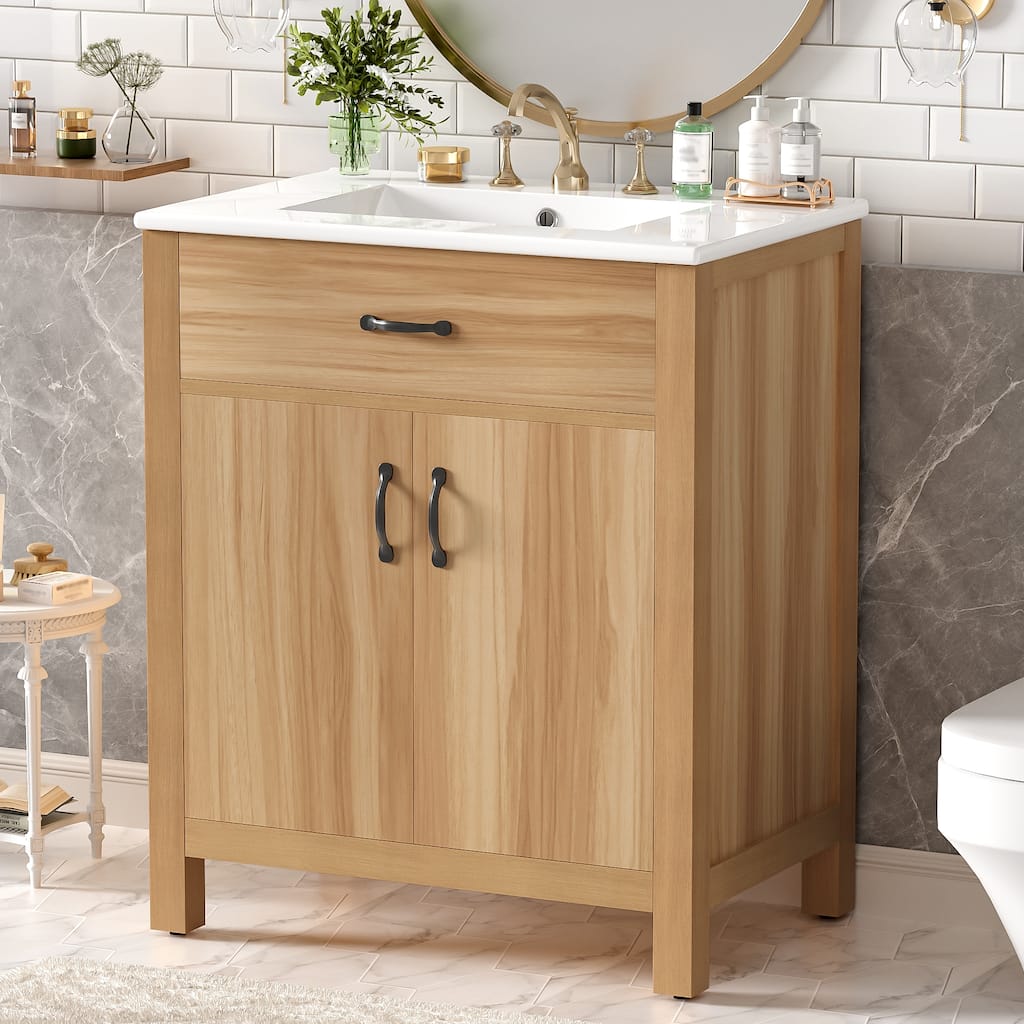 Modern Natural Wood Bathroom Vanity with Ceramic Sink by Harper&Bright Designs
