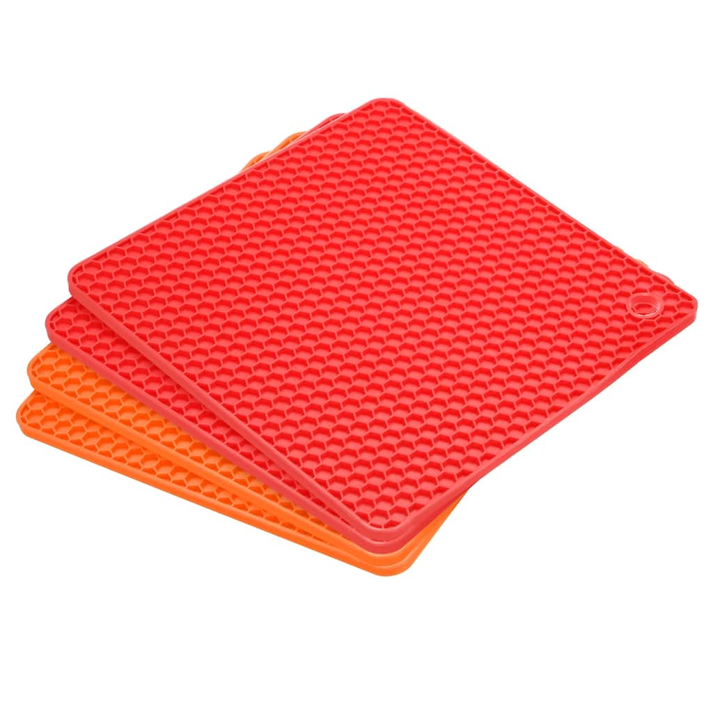 Silicone Trivet Mats 4pcs, Pot Holders for Hot Pan Pot Counter Mats - Orange+Red