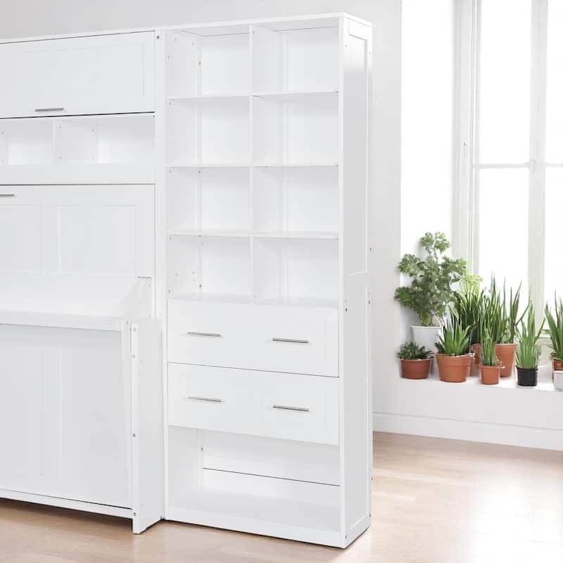 Full Size Murphy Wall Bed with Closet, Drawers & Shelves, Foldable Cabinet Storage, White