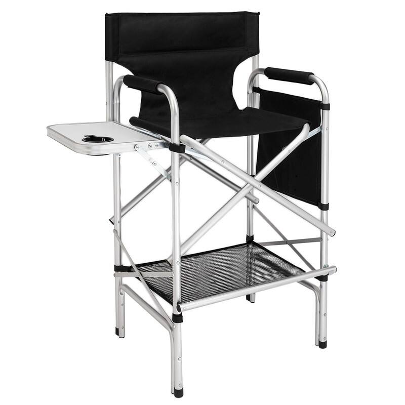 Tall Aluminum Makeup Artist Director Chair Foldable with Side Table, Side Bag, 30 inch Seat Height