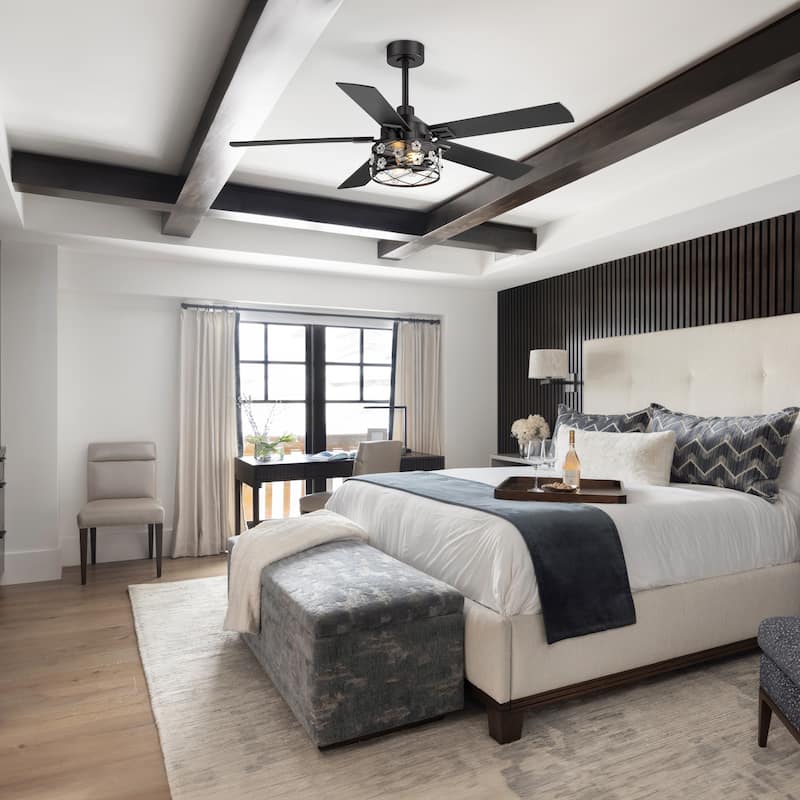 52" Black Wood Modern Floral Indoor Ceiling Fan Chandelier with Remote