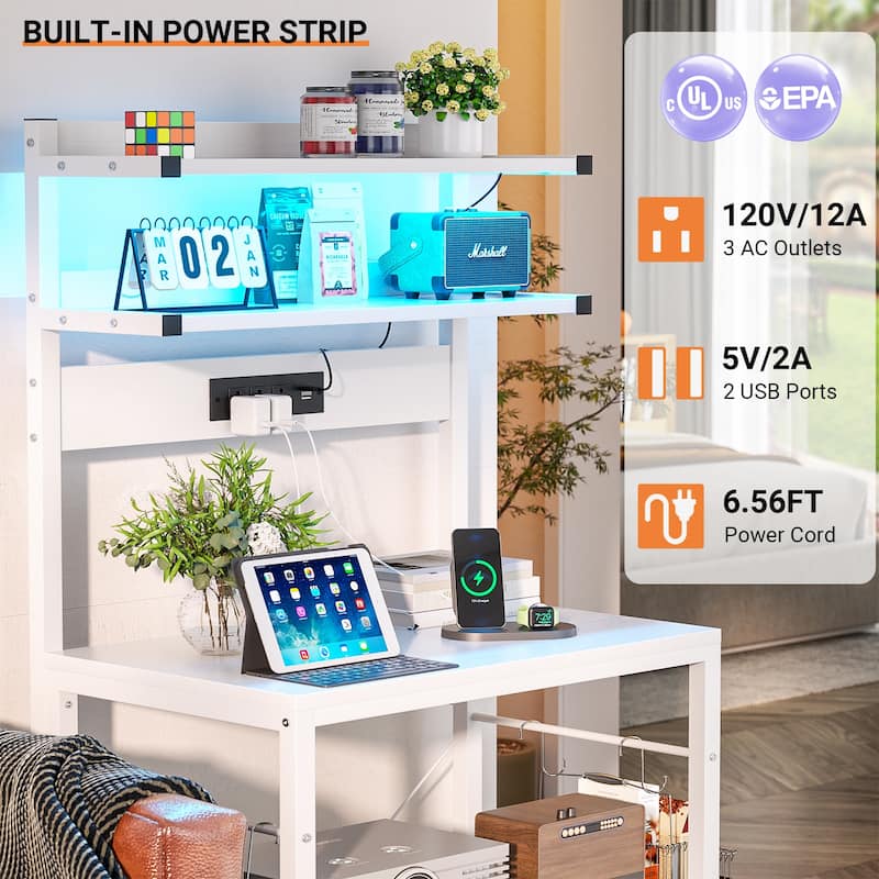 Bakers Rack Kitchen Storage Shelf with Power Outlets and RGB LED Lights,5 Tiers Coffee Bar Station,Microwave Stand