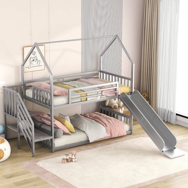 slide 2 of 26, House-Design Twin over Twin Metal Bunk Bed with Slide and Staircase,Modern Style Silver