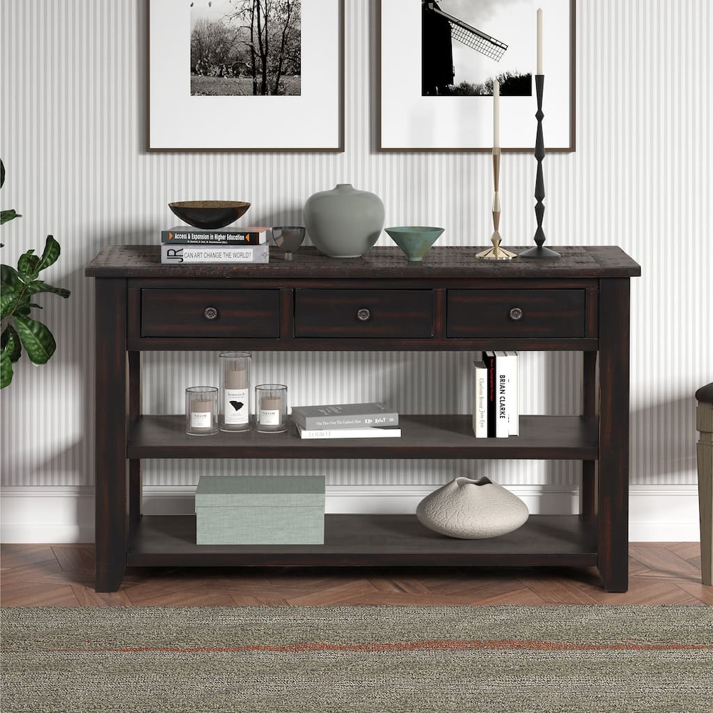 48 Inch Modern Console Table - Solid Pine with 3 Drawers & 2 Shelves, Distressed Black