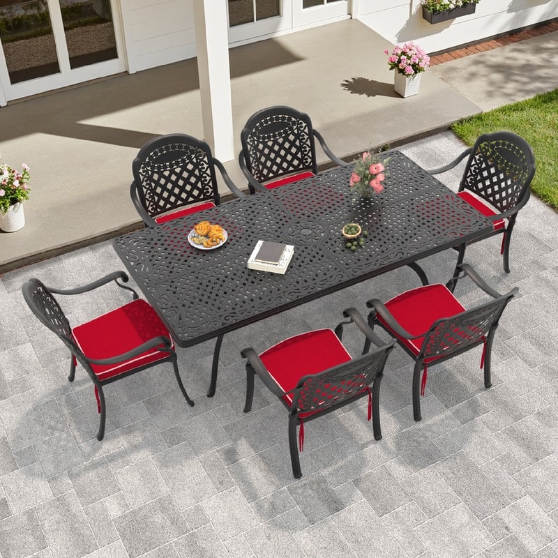 7/9-Piece Cast Aluminum Outdoor Dining Set with 82.68'' L X 41.34'' W Rectangular Table and Seat Cushions