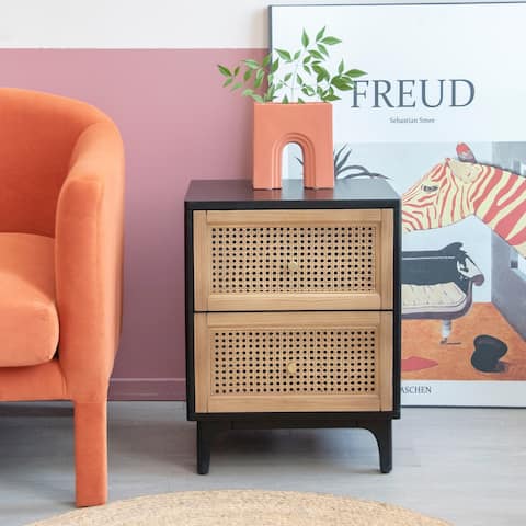 COZAYH Woven Cane Front Accent Nightstand with Brass Knobs , Accent Dresser