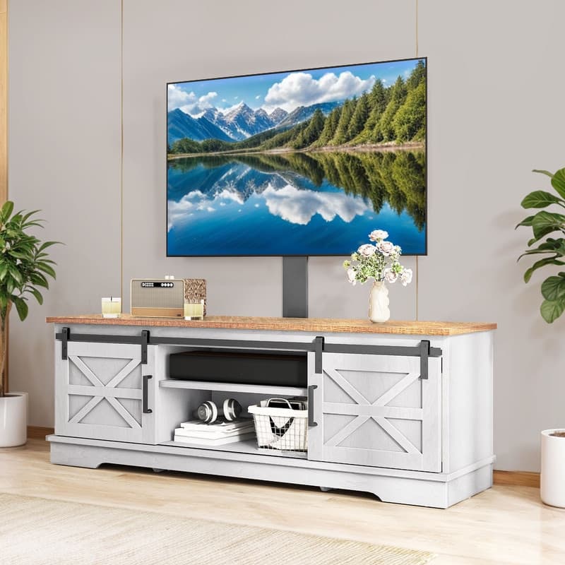Farmhouse TV Stand for up to 65" TV with Doors and Open Shelves Media Console Power Outlet