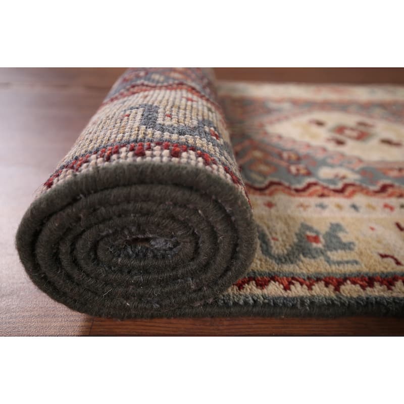 Gray Geometric Kazak Indian Runner Rug Hand-Knotted Wool Carpet - 2'6"x 8'2"