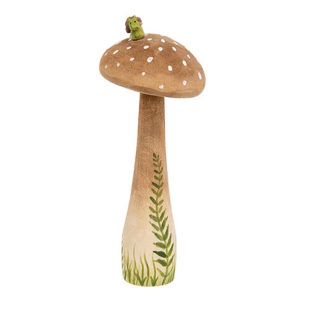 Hand Painted Wooden Mushroom Decor with Snail Accent and White Dot Details Tabletop Accent